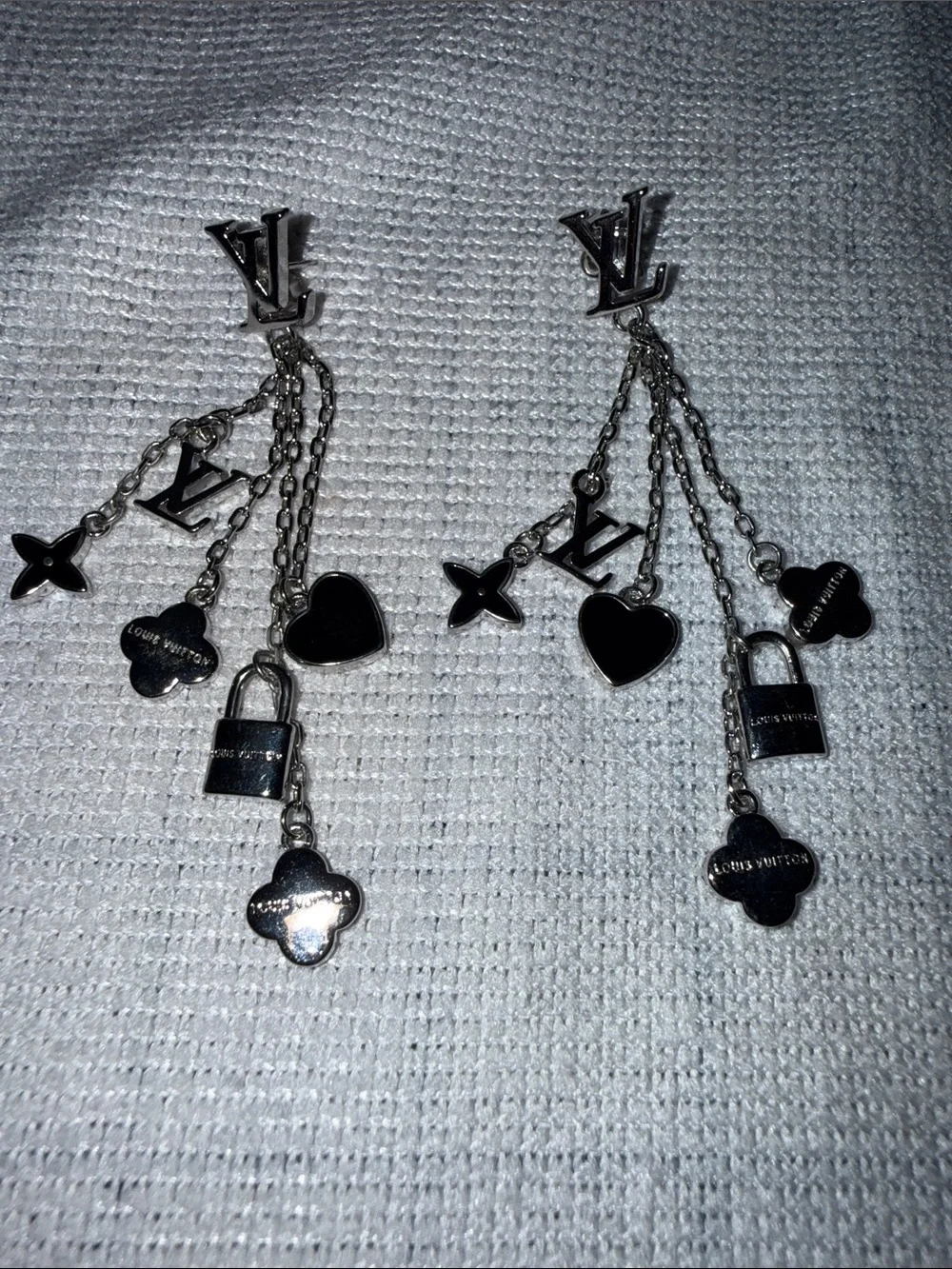 Louis Vuitton Monogram Sweet Black Enamel Silver Charm Dangle Drop Earrings